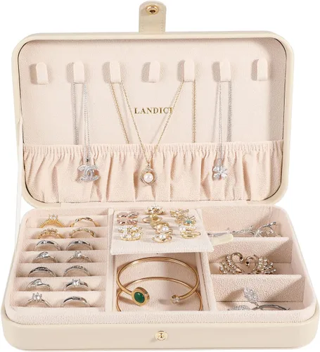 Vista 2 de LANDICI Joyero pequeño para mujeres y niñas, estuche organizador de joyas de viaje de piel sintética, soporte portátil de almacenamiento de joyas