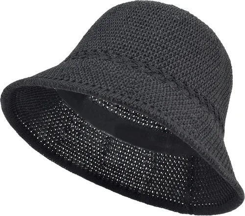 Vista 8 de Sombrero de pescador de ganchillo para mujer, sombrero ligero de paja Caqui