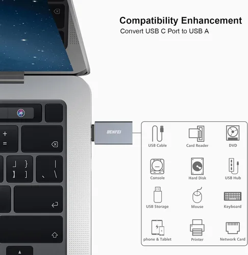Vista 4 de BENFEI Paquete de 5 adaptadores USB C a USB 3.0, adaptador USB C a A macho a hembra compatible con iPhone 15 Pro/Max, MacBook Pro/Air 2023, iPad Gris