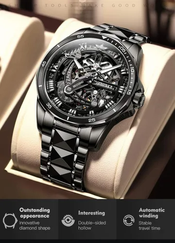 Vista 3 de OLEVS Relojes automáticos para hombre, esqueleto mecánico de lujo, color negro, plateado, impermeable, luminoso, cristal de zafiro