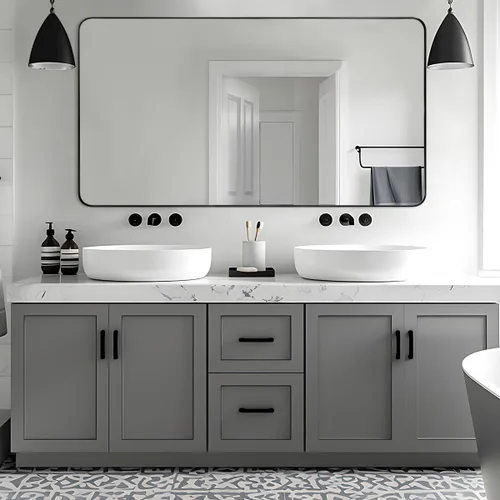 Vista 23 de ANDY STAR Espejo de pared cuadrado para baño, espejo de baño negro mate de 24 x 24 pulgadas, espejo de metal de esquina redondeada en marco de acero