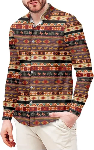 Vista 17 de Camisas aztecas con botones para hombre, vintage, nativo americano, patrón tribal nación, manga larga, camisa de talla grande para hombre