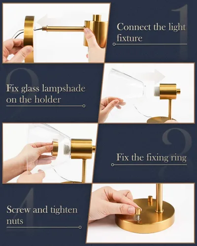 Vista 5 de LMS Lámparas doradas para tocador de baño, 2 lámparas de baño con pantalla de vidrio transparente, LMS-100