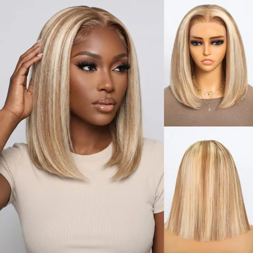 Vista 13 de Peluca de cabello humano rubio estilo Bob de 13 x 4 con encaje frontal, peluca Bob de 10 pulgadas 613 Lace Front Wig Human Hair Pre Plucked With
