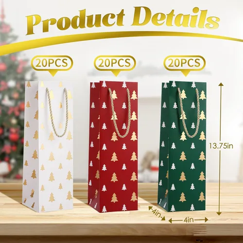 Vista 2 de Woanger 60 bolsas de regalo de vino de Navidad, bolsas de papel kraft a granel para botellas de vino con asa, bolsas de regalo de color rojo, verde