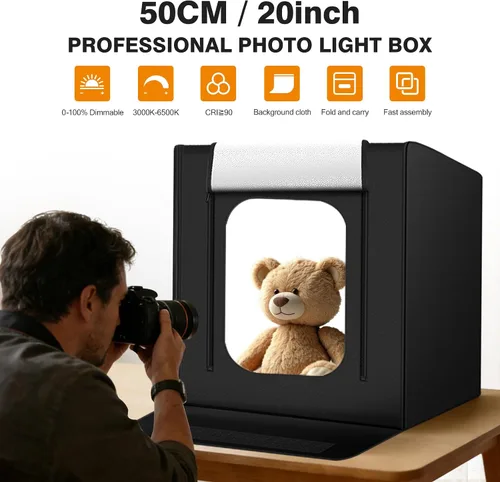 Vista 2 de Caja de luz para fotografía de 20"x20" con 160 luces LED y 6 fondos de color, caja de fotos con luces, caja de luz plegable con brillo ajustable