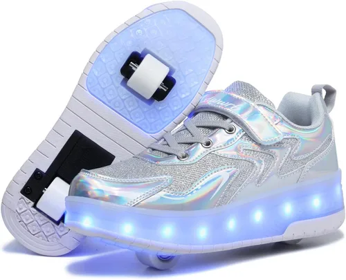 Vista 4 de Wooowyet - Tenis con ruedas y luces LED para niños y niñas, con ruedas, USB recargable, cierre de gancho y bucle