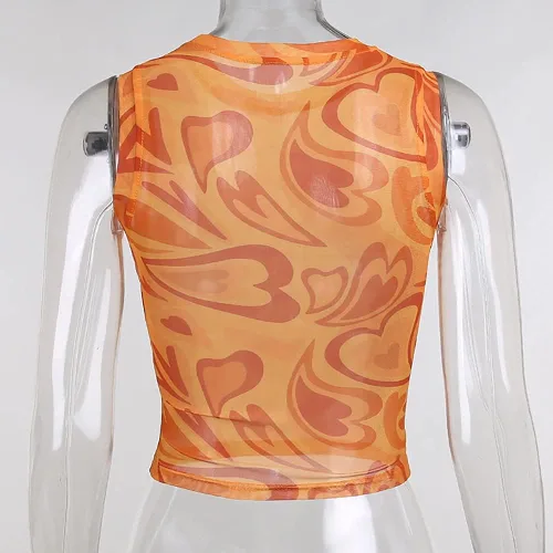 Vista 5 de Camiseta corta de malla Y2k para mujer sexy con estampado de ondas de corazón transparente y bonitas sin mangas de verano