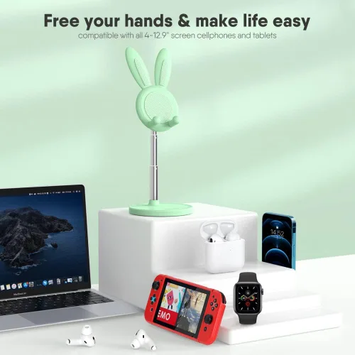 Vista 8 de OATSBASF - Soporte lindo para teléfono celular, soporte ajustable para teléfono con forma de conejo para escritorio, soporte con carcasa gruesa
