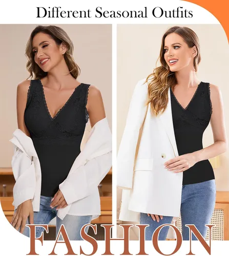 Vista 5 de Camiseta sin mangas adelgazante para mujer, cuello en V, camisola de encaje con brasier integrado, capa base