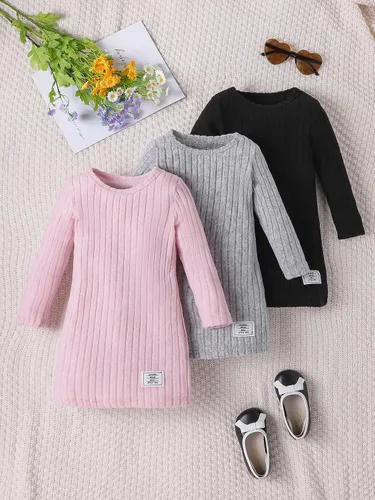 Vista 6 de Vestidos para niñas, Juego de 3 vestidos para niñas pequeñas de manga larga de color sólido, elegantes y casuales, con diseño acanalado, talla 2-8