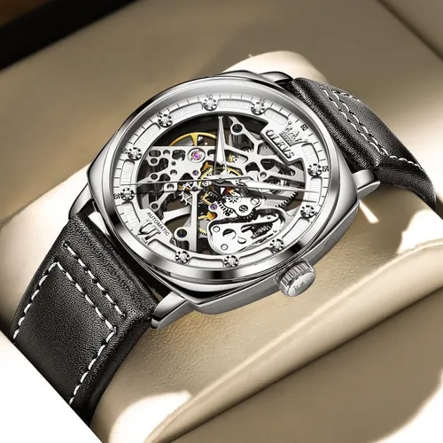 Vista 2 de OUPINKE Relojes automáticos de esqueleto para hombre, mecánica, cuerda automática, correa de cuero elegante, estilo steampunk, luminoso