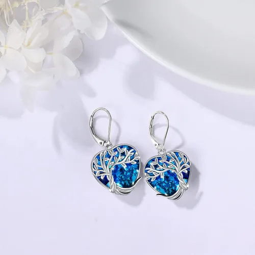 Vista 3 de Aretes colgantes de árbol de la vida, flor, turquesa, ópalo azul, malaquita, ágata musgo, lágrima, para mujeres y niñas, plata de ley, aniversario