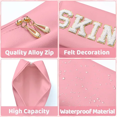 Vista 4 de Y1tvei Preppy Patch SKIN Letra Blanca Rosa Bolsa de Aseo para Cosméticos de Piel Sintética Bolsa de Maquillaje Portátil Bolsa de Almacenamiento