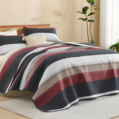 Vista 7 de Litanika Edredón tamaño Queen, juego de ropa de cama de 3 piezas a rayas 01 - Blanco y negro