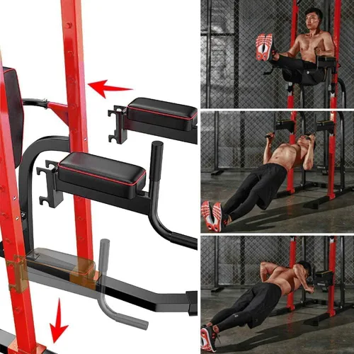 Vista 5 de ZENOVA Pull Up Bar Station Power Tower, Adjustable Height Dip Bar for Home Gym Multi-Function Strength Training Workout Equipment Rojo