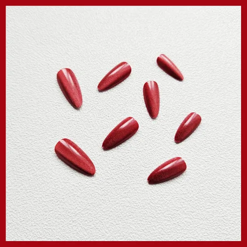 Vista 3 de Uñas postizas rojas de tamaño mediano en forma de almendra, uñas acrílicas brillantes con diseño de purpurina, uñas artificiales de cobertura a001