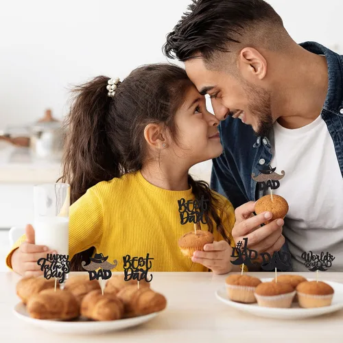 Vista 6 de Gyufise 24 piezas de decoración para cupcakes con bigote con purpurina negra del mundo para el mejor papá del mundo, decoraciones para el Día