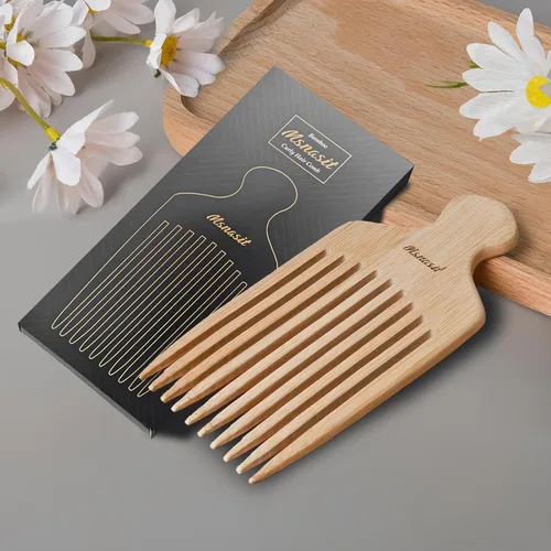 Vista 5 de Peine de bambú para cabello rizado, peine desenredante de dientes anchos de madera premium con mango ergonómico, volumen natural y herramienta