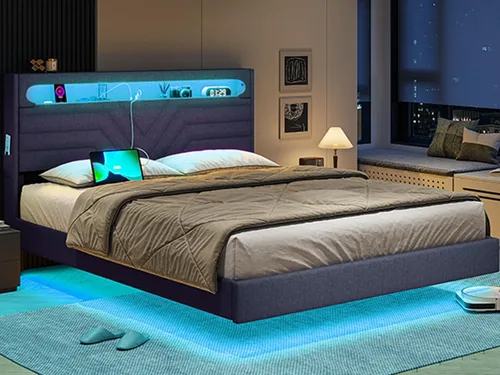 Vista 3 de BTHFST Marco de cama flotante tamaño completo con cabecera de luces LED RGB, tomas de corriente USB-C/A, cama de plataforma tapizada en lino