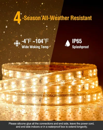 Vista 4 de Shine Decor Tira de luces LED Plus CA 120V, cuerda brillante de doble fila conectable, ETL IP65 impermeable y resistente a la intemperie para Blanco