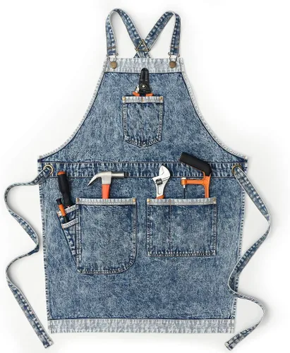 Vista 11 de Jeanerlor - Delantales de trabajo de mezclilla con bolsillos para mujeres y hombres, correas cruzadas y ajustables de S a XXXL, Negro