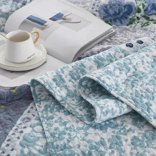 Vista 7 de DDUOXIN Colcha floral extragrande tamaño King de 128 x 120 pulgadas, edredón reversible de 100 % algodón con 2 fundas de almohada, cubrecamas de Azul