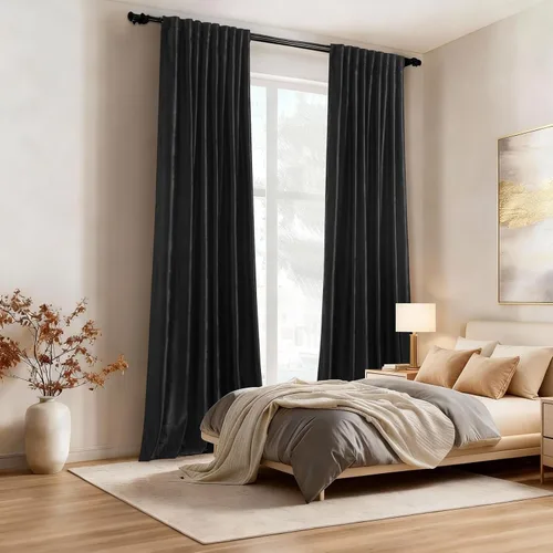 Vista 9 de Cortinas opacas de terciopelo de felpa negras de 63 pulgadas de largo para dormitorio, juego de 2 paneles de forro con bolsillo para barra, pestaña