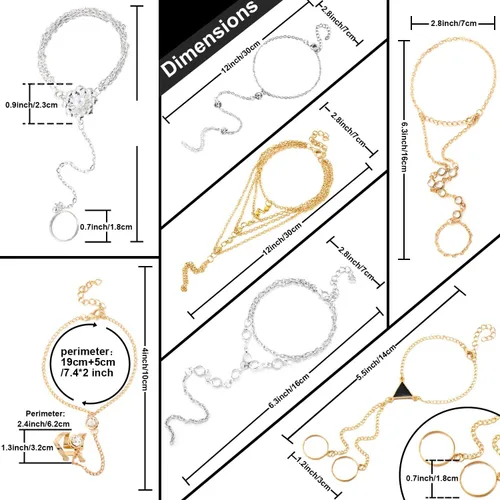 Vista 2 de 6 unidades de cadena de anillo de pulsera de dedo vinculado y anillo adjunto arnés de mano ajustable para mujeres y niñas