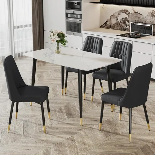 Vista 10 de Ebullient Mesa de comedor para 4, mesa de comedor rectangular de mármol, mesa de comedor de mármol sintético, mesa de comedor moderna con marco