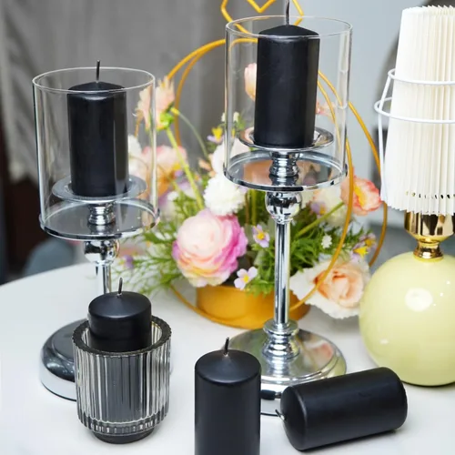 Vista 7 de Juego de 20 velas de pilar negras de 2 pulgadas de ancho x 4 pulgadas de alto, decoración elegante para el hogar, eventos y celebraciones, acabado