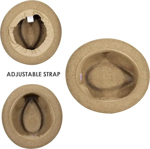 Vista 4 de AKIO&AQUIRAX Sombreros de Fedora para hombre con ala corta, sombreros de paja para hombres y mujeres, sombreros de sol de verano con correa ajustable