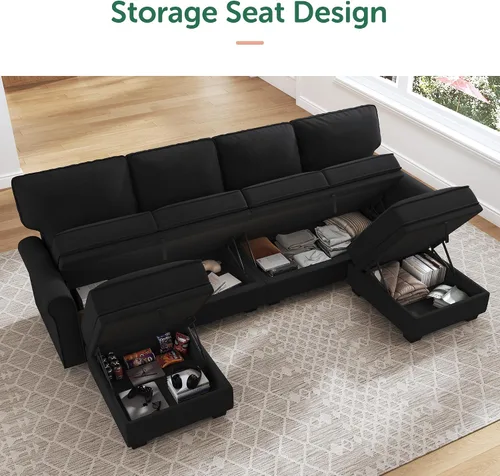 Vista 3 de HONBAY - Sofá seccional con asiento de almacenamiento de terciopelo, en forma de U, con tumbona reversible, sofá seccional convertible para sala