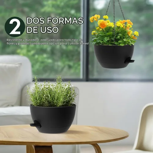 Vista 6 de Paquete de 2 12 macetas colgantes con cadenas, macetas de plástico de riego automático para plantas de interior y exterior, diseño de cadena de Negro