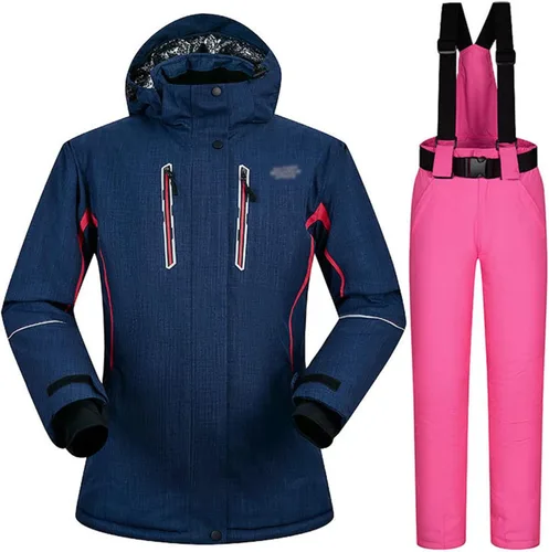 Vista 28 de Conjunto de chaquetas y pantalones de esquí para mujer, invierno al aire libre, talla grande, trajes de esquí cálidos con capucha, trajes de nieve E