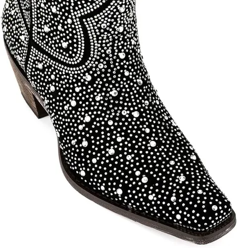 Vista 6 de sexytag Botas vaqueras brillantes con diamantes de imitación para mujer, tacón bajo y grueso, punta cuadrada, botines de meter