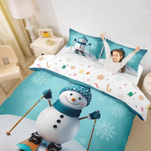Vista 2 de Erosebridal Juego de ropa de cama con diseño de Feliz Navidad, adorable funda de edredón de muñeco de nieve tamaño individual para niños y niñas