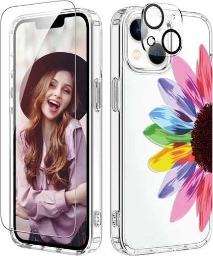 Vista 10 de ZQWY Funda compatible con iPhone 14/iPhone 13, estética transparente con diseño con protector de pantalla, protector de lente de cámara, a prueba
