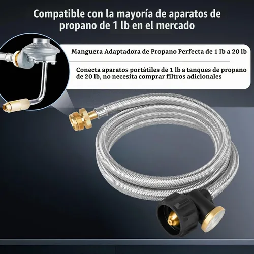 Vista 8 de Adaptador de manguera de propano de 6 pies con calibre, trenzado de acero inoxidable de 1 lb a 20 lb