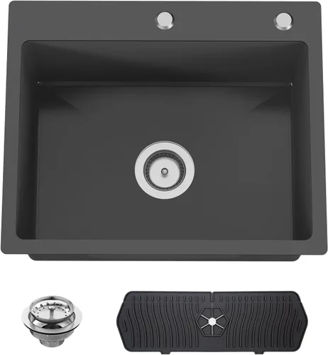 Vista 11 de Fregadero Negro de Cocina y Bar, Fregadero de Cocina de Acero Inoxidable de 15 x 17 Pulgadas para Empotrar, Fregadero de Bar Moderno de Un Solo