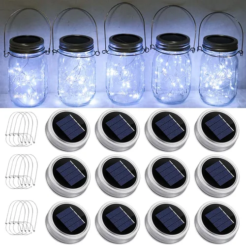 Vista 9 de SmilingTown Guirnalda de luces solares para tarros de masón, paquete de 12 unidades, 30 luces LED de luciérnaga con 12 perchas impermeables