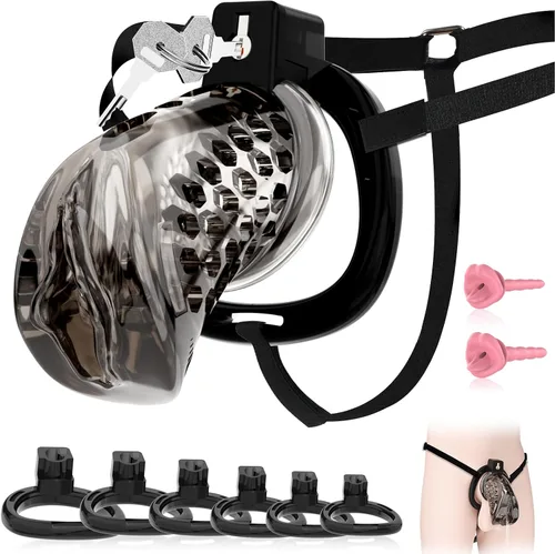 Vista 10 de Jaula de castidad masculina, jaula de pene suave y ligera con 6 tamaños de anillos, cómodo dispositivo de castidad para hombres, perfecto para uso a