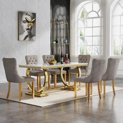 Vista 28 de HomVent Juego de mesa de comedor moderna de mármol sintético para 4 personas, mesa de cocina rectangular con 4 sillas beige (dorado)