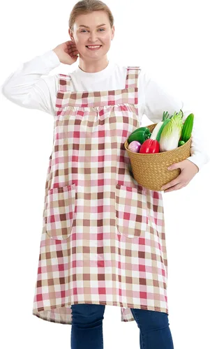Vista 14 de Delantales sin lazos para mujer, talla grande, con bolsillos, de algodón, lino, para hornear, cocina, cocina