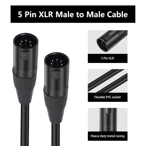 Vista 3 de Paquete de 2 cables XLR macho a macho de 5 pines, DMX 512 5 PIN XLR Lightspeed Controller Cable de 2 pies, negro