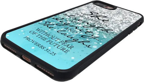 Vista 4 de Funda para iPhone 7 Plus, iPhone 8 Plus, citas con purpurina azul, versículo bíblico Proverbios 31:25, diseño delgado, resistente a los impactos
