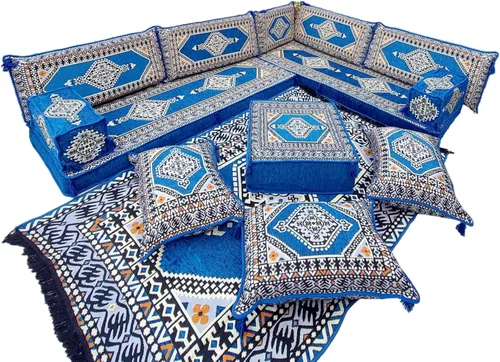Vista 7 de arabicsofa Juego de sofá árabe en forma de U - Asiento modular azul real para habitación de invitados