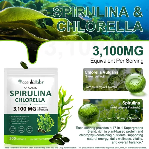 Vista 3 de NIFEISHI Cápsulas orgánicas de espirulina clorella, 3100 mg por porción, mezcla de supergeens 17 en 1, ricas en clorofila, veganas y altas