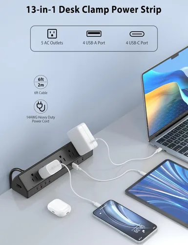 Vista 4 de Regleta de Alimentación con Abrazadera para Escritorio de 65W Estación de Carga Rápida, 4 PD USB-C, 5 Tomacorrientes, Protector contra