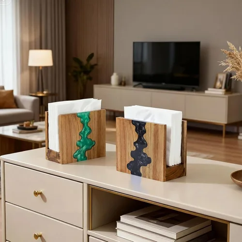 Vista 5 de Servilletero artístico, madera de acacia y resina epoxi azul con patrón de ondas oceánicas, base antideslizante gruesa para encimera de cocina
